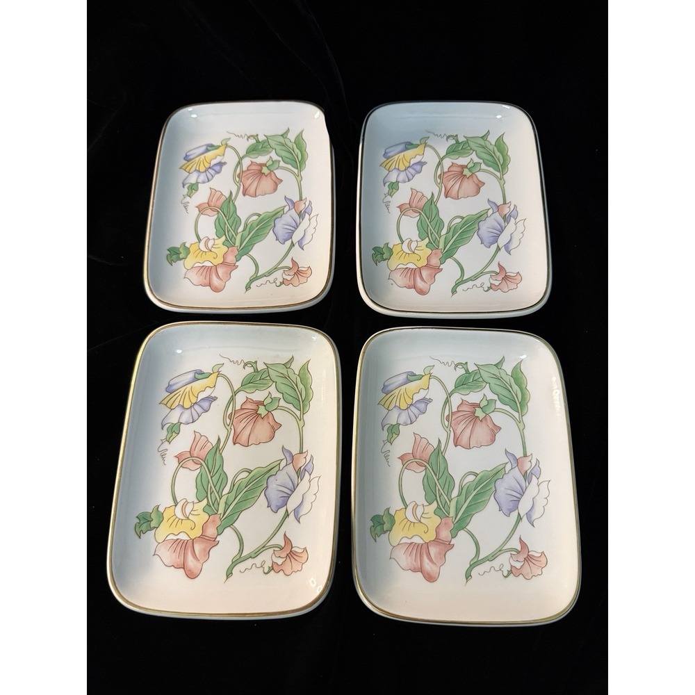 VTG Ben Rickert Porcelain Flowers Floral Tray Trinket Dish Signed Japan Set Of 4